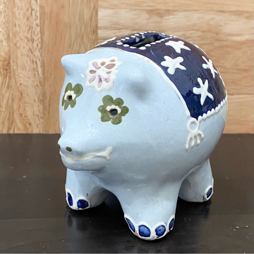 Vintage Hand-painted Ceramic Pottery Piggy Bank Pig Figurine